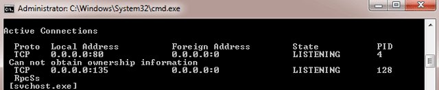 Using netstat command to show PID 4 with port 80