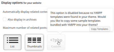 YARPP plugin settings - display options with custom option disabled