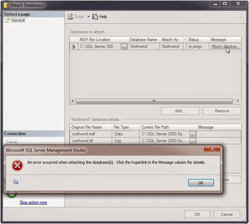 Error while attaching Northwind Database in SQL Server Management Studio
