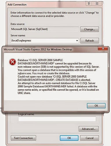 Error while attaching Northwind Database using Visual Studio Express