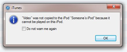 Video file sync error window in iTunes