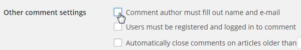 Wordpress discussion option for comments about author filling out name and email