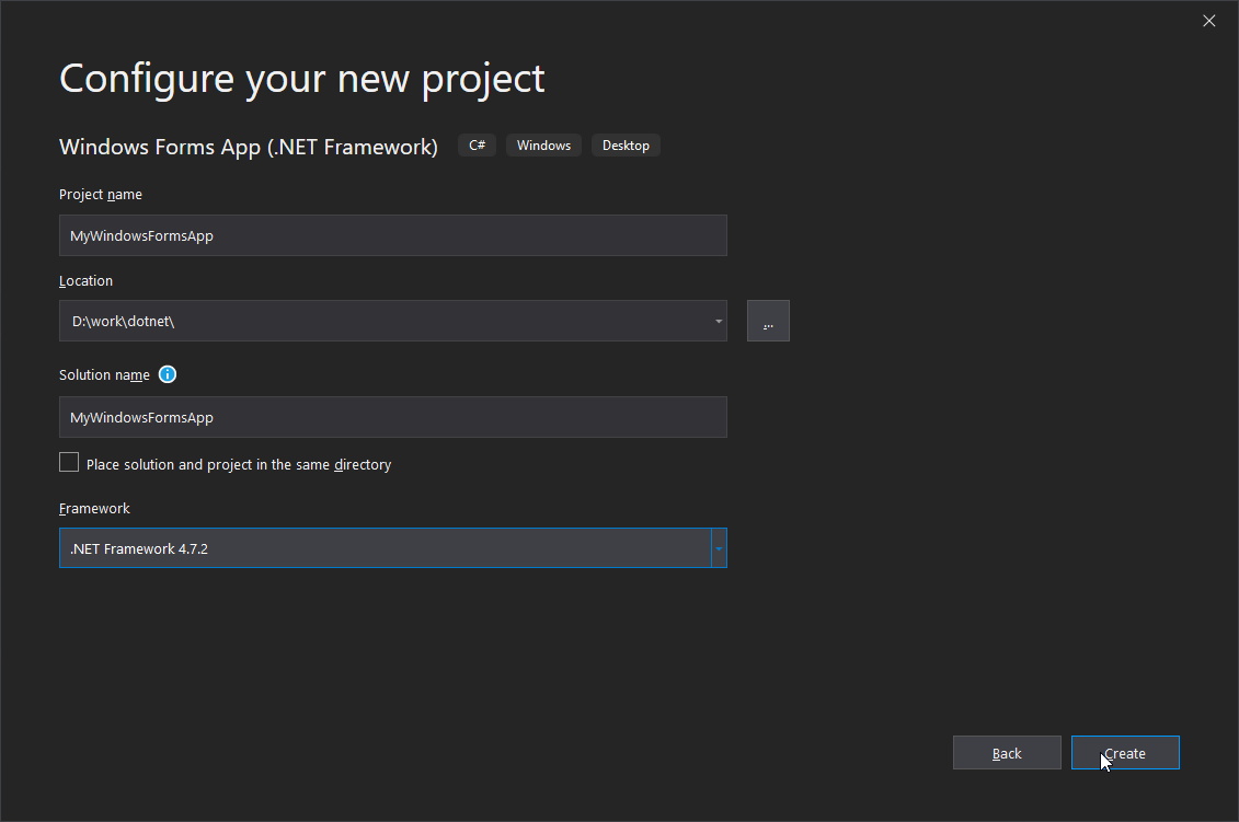 Visual Studio 2019 - configure new project