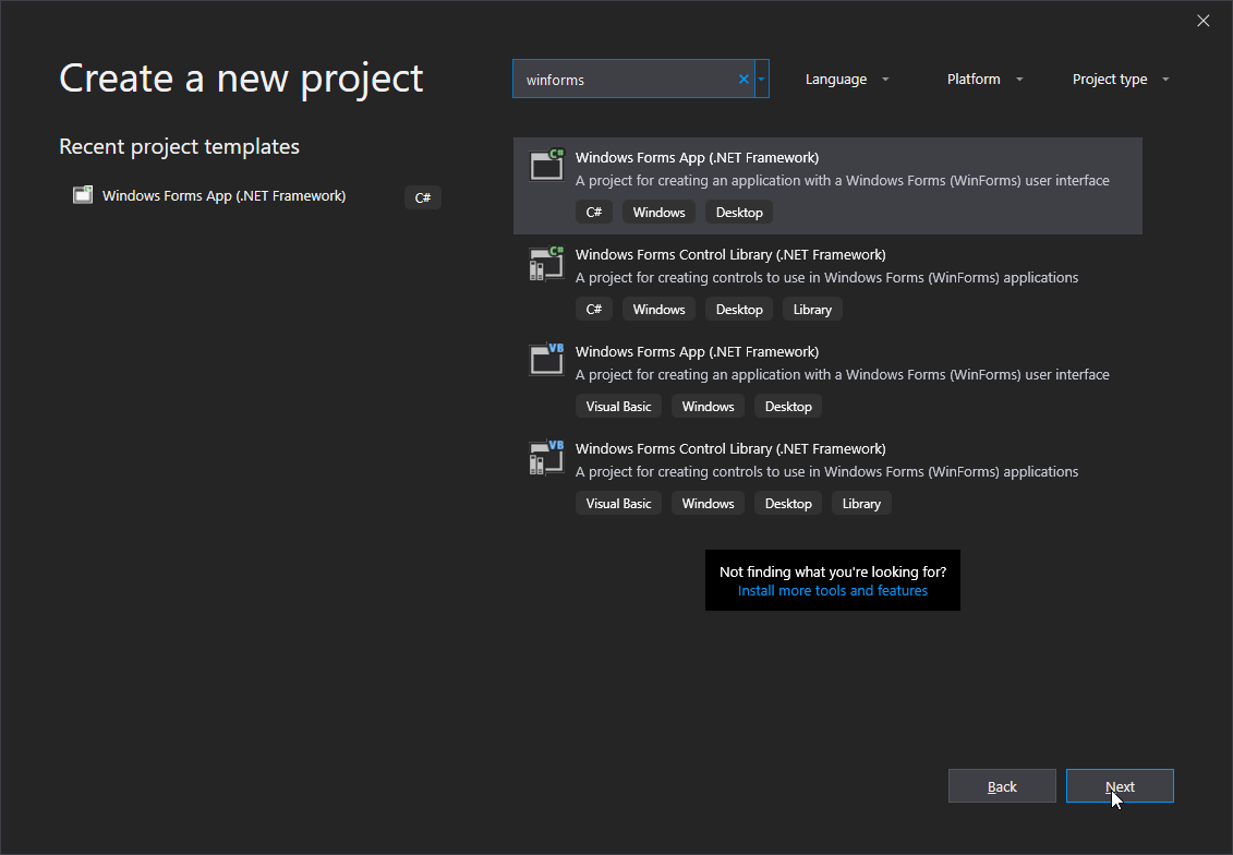 Visual Studio 2019 - selecting WinForms Template