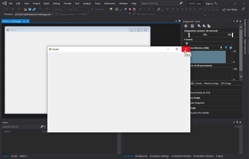 Visual Studio 2019 - newly created WinForms project default desktop app running