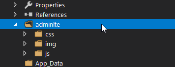 Visual Studio MVC AdminLTE - content of adminlte folder in Solution Explorer after copying dist folder