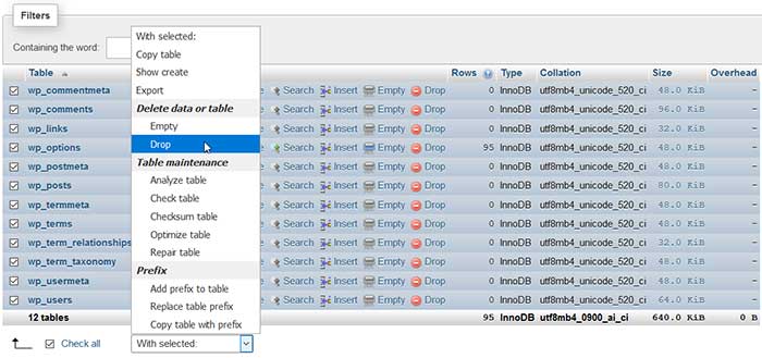 phpMyAdmin - delete WordPress tables to repeat installation process