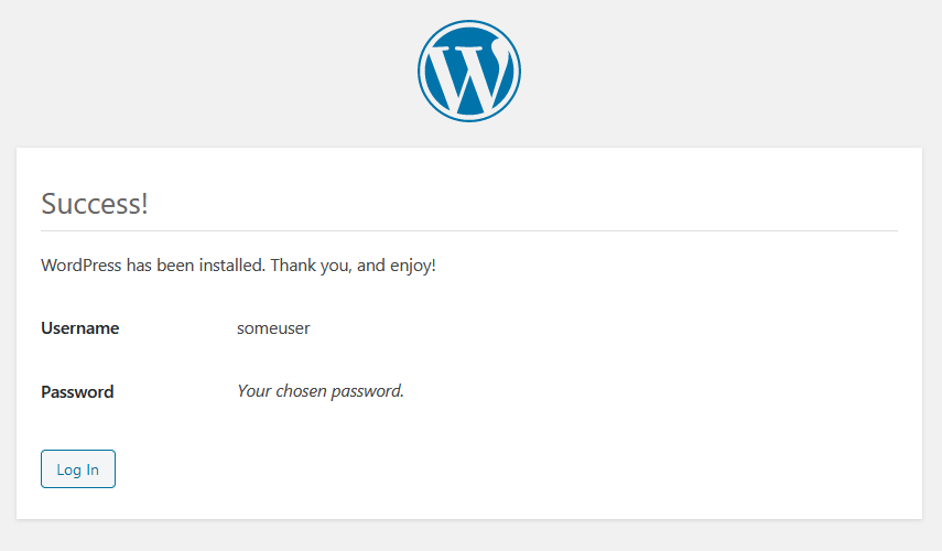 WordPress installation success message