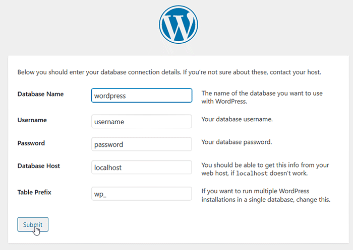 WordPress installation step - enter databaase information