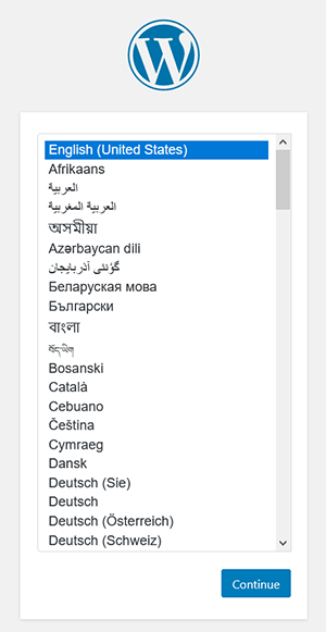 WordPress installation step - select language