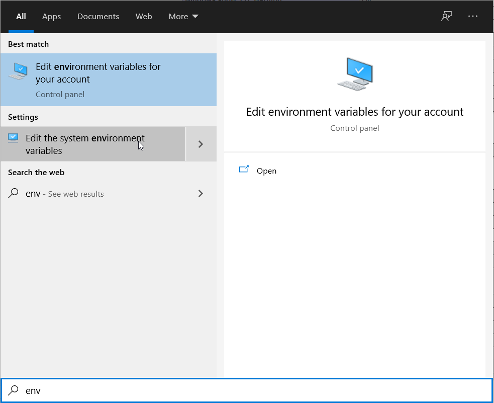 Windows 10 - Search to edit system environment variables