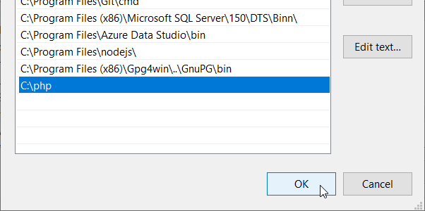 Windows - Edit path system environment variables - Adding path to PHP folder