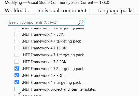 Visual Studio 2022 Installer - individual components .in NET group