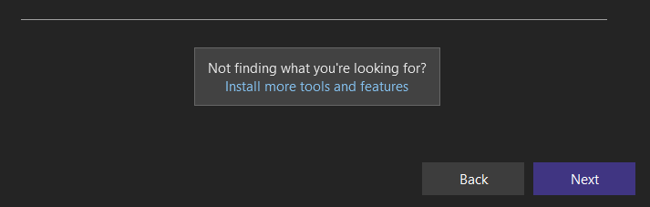 Visual Studio 2022 - install more tools and features link at the bottom of the list of templates