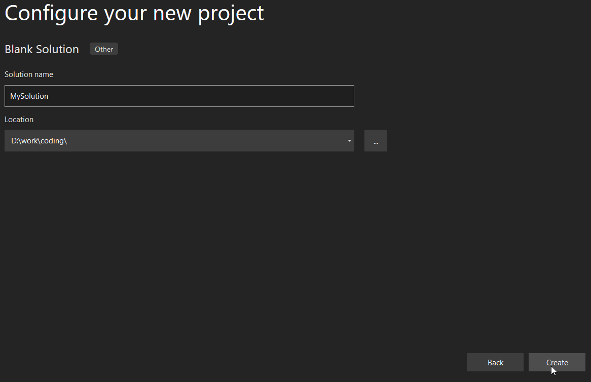 Visual Studio - configure your new project for blank solution template