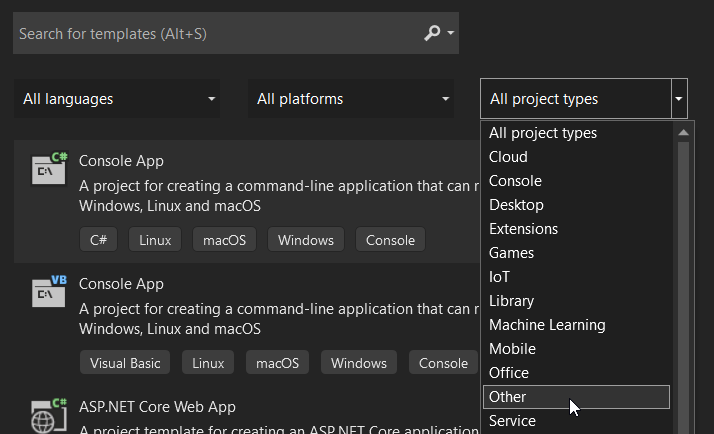 Visual Studio - create new project - select other project type