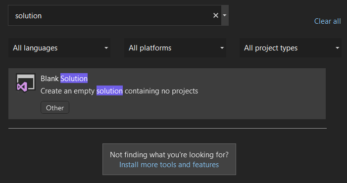 Visual Studio - create a new project - search for a blank solution