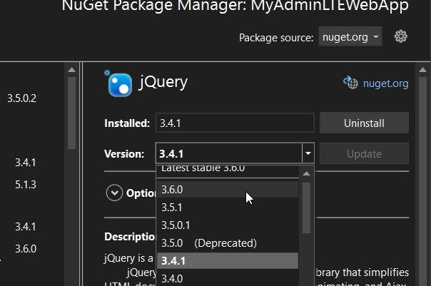 Visual Studio ASP.NET MVC Project - Updating jQuery package