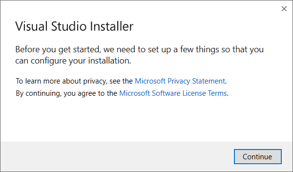 Visual Studio Installer window when running vs_BuildTools.exe installer for Microsoft C++ Build Tools