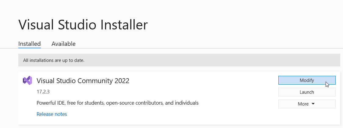 Visual Studio Installer - Modify Visual Studio Community