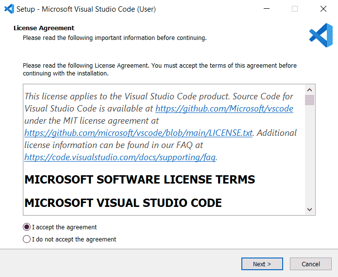 Installing VS Code - Accept the licence agreement.