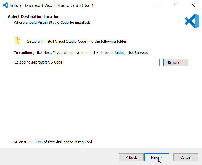 Installing VS Code - selecting installation destination location