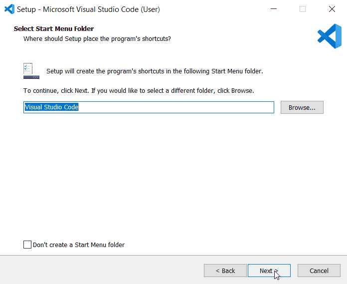 Installing VS Code - Start Menu folder shortcut