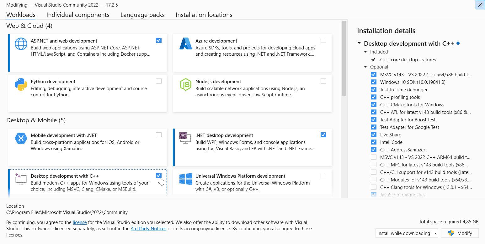 Visual Studio Install - Desktop development with C++ workflow