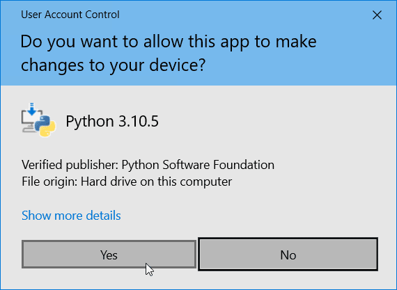 Python install - allow this app to make changes to your device