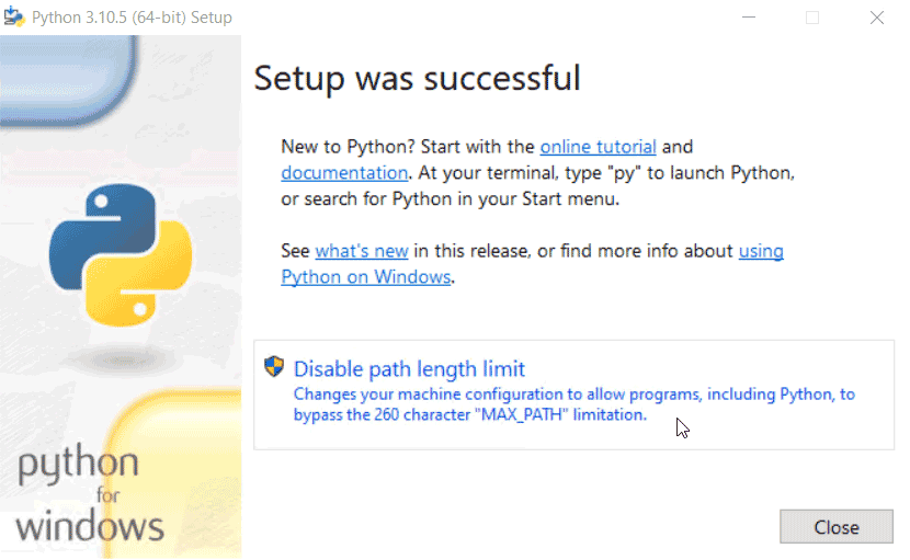 Python install successful - disable path length limit