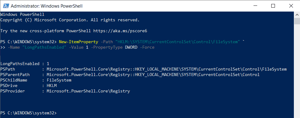 PowerShell - Run new-itemproperty command to modify longpathsenabled registry key