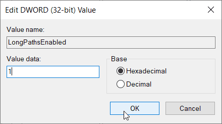 Windows regedit tool - Edit value for longpathsenabled registry key