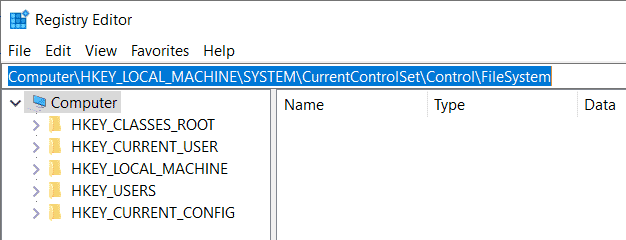 Windows regedit tool - Enter longpathsenabled location path