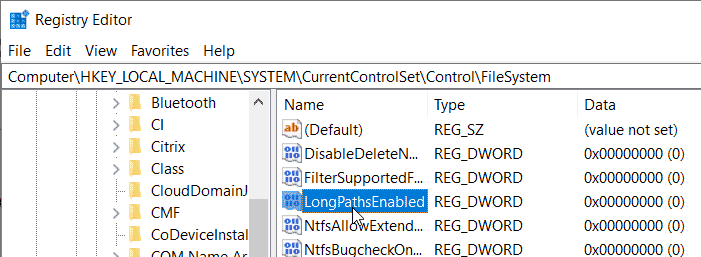 Windows regedit tool - Select longpathsenabled registry key