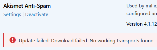 WordPress plugin update failed - no working transports found