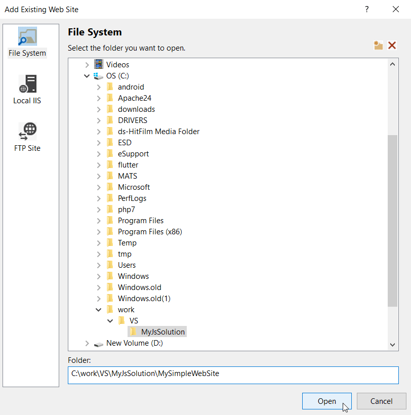 Visual Studio - Add Existing Web Site - File System