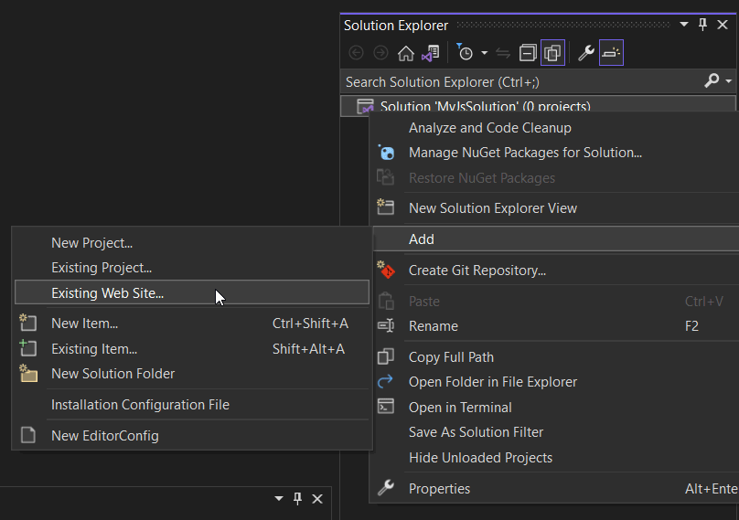 Visual Studio - Solution Explorer - Add Existing Web Site