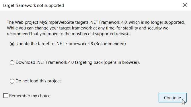 Visual Studio - Target framework not supported window