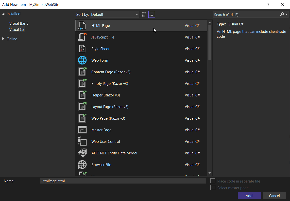 Visual Studio - Add new item