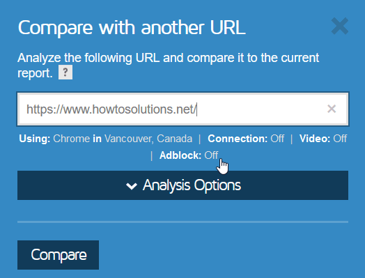 GTmetrix Compare - Compare with another URL block ads option