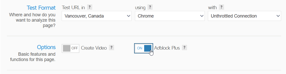 GTmetrix Dashboard - Analysis Options - AdBlock Plus option