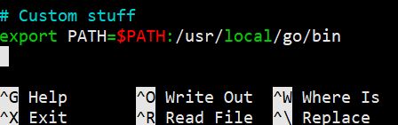 Adding Go path to .bashrc file with nano text editor