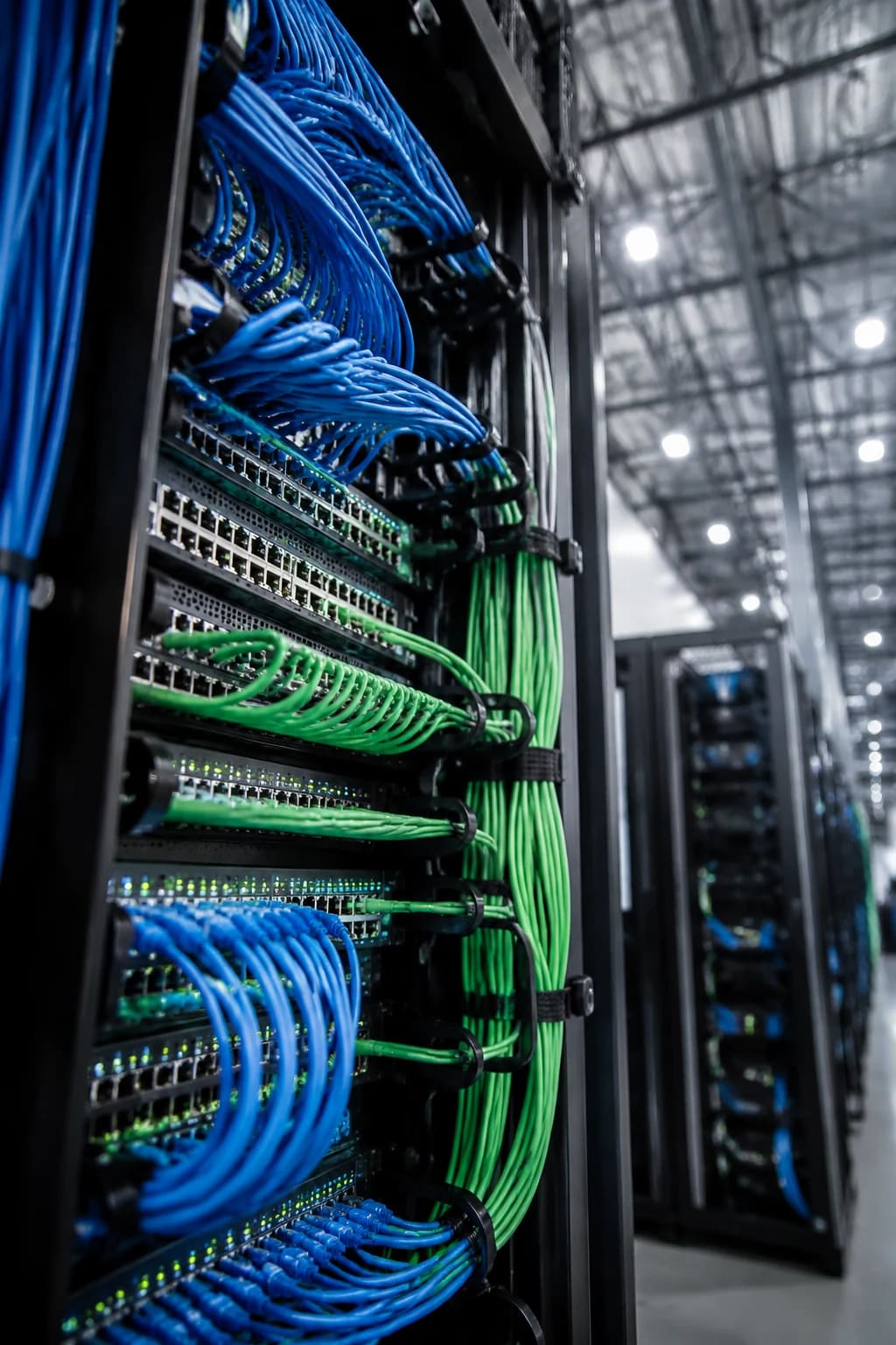 Structured cabling terminated into patch panels in an Indianapolis network rack by LED Indy