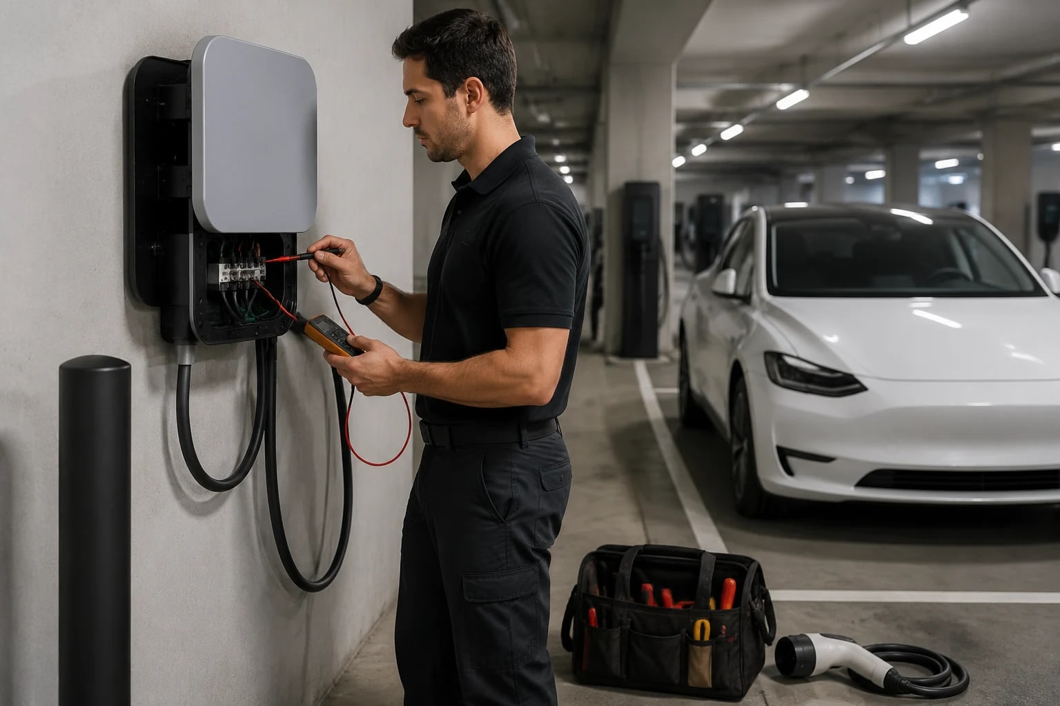 Commercial EV charging stations installed by LED Indy outside an Indianapolis office building