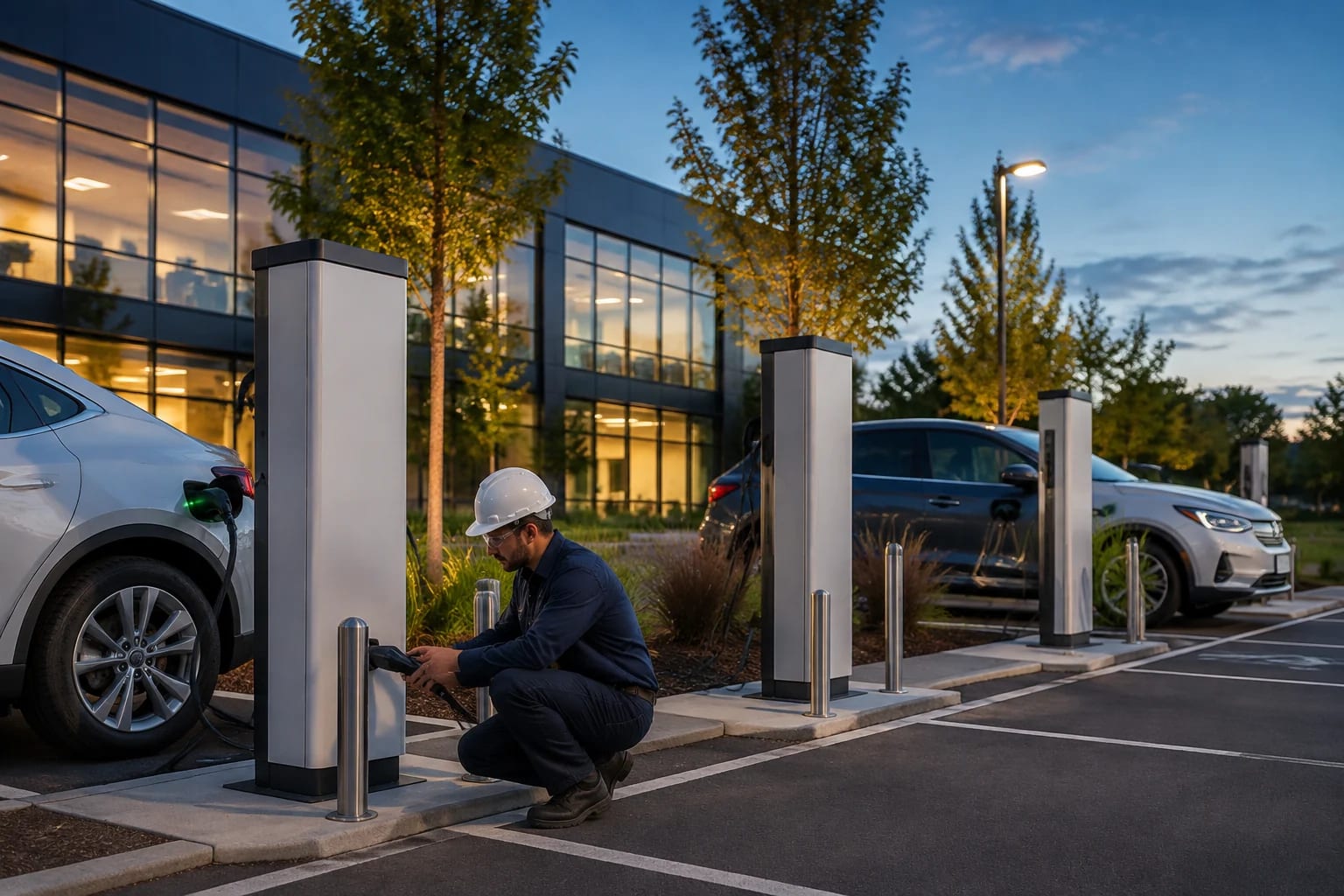 Commercial EV charging stations installed by LED Indy outside an Indianapolis office building
