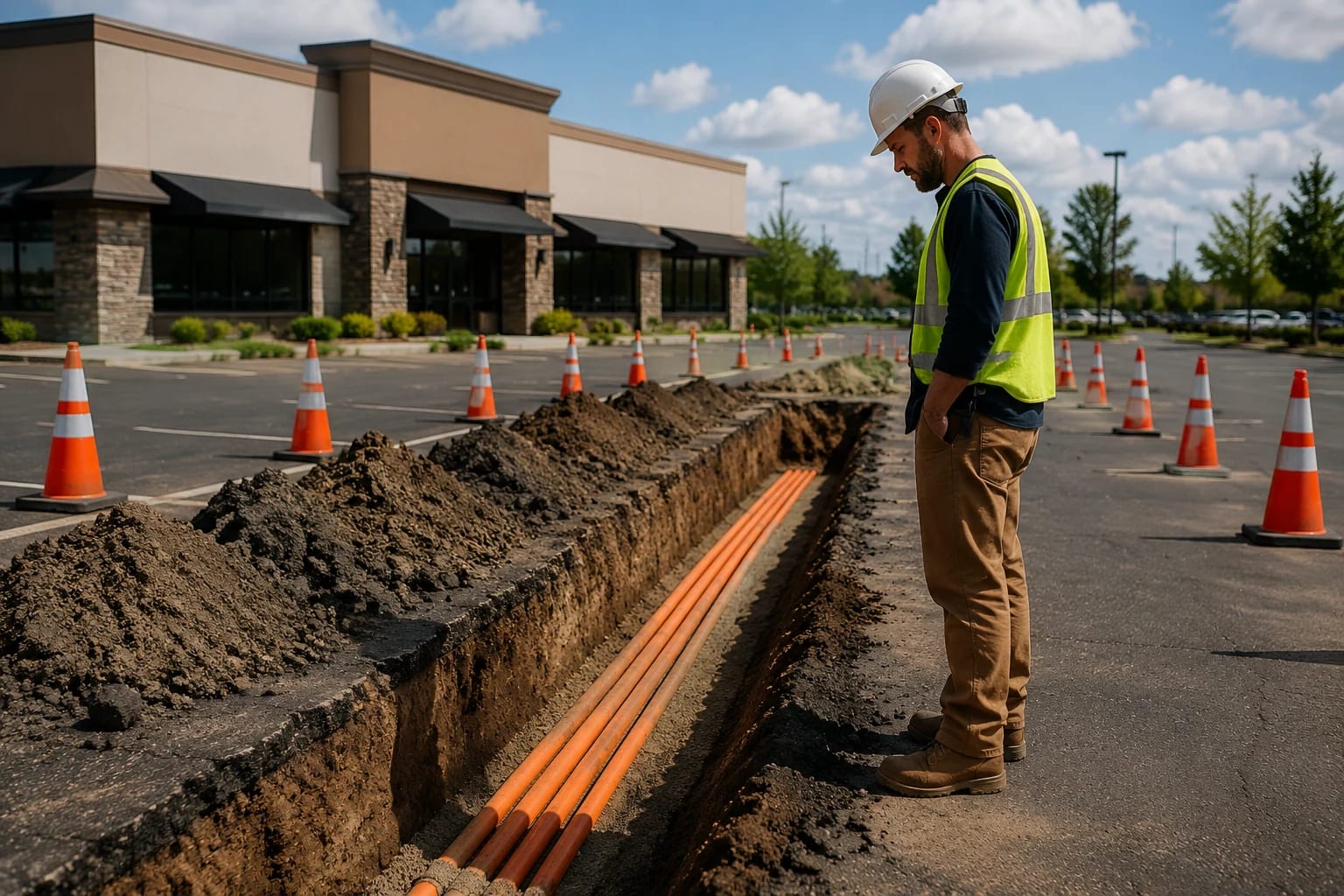 Commercial EV charging stations installed by LED Indy outside an Indianapolis office building