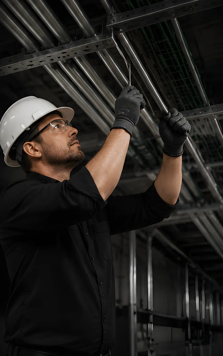 Electrician installing conduit overhead at a commercial facility