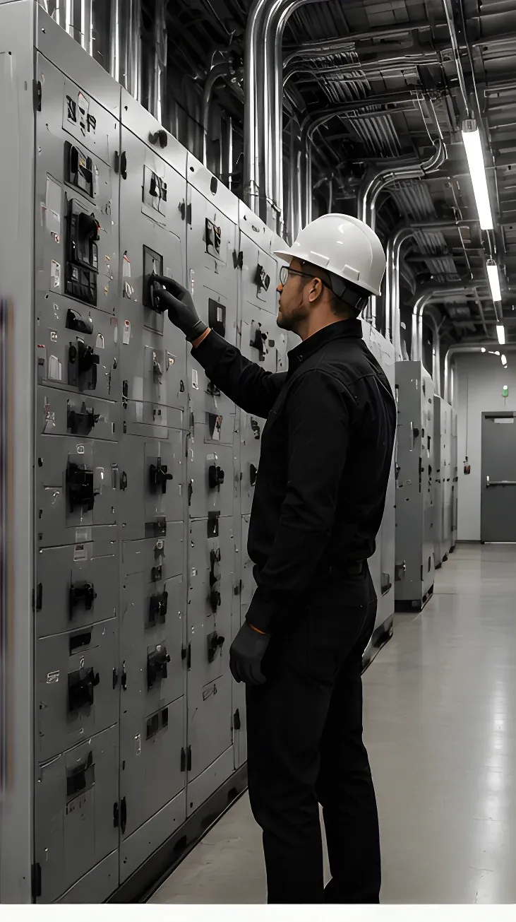 Commercial electrician working on switchgear panels at an Indianapolis facility