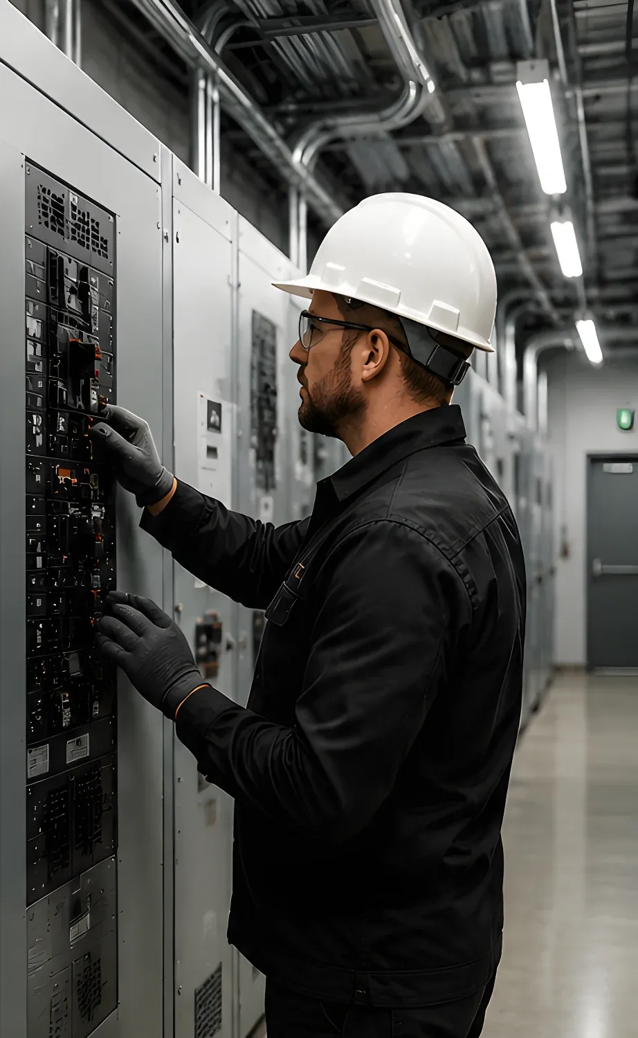 Electrician inspecting commercial electrical panels in Indianapolis