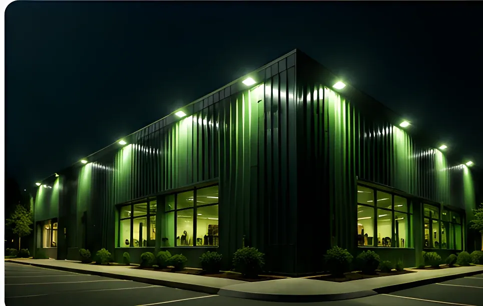 Commercial building exterior lit by LED Indy